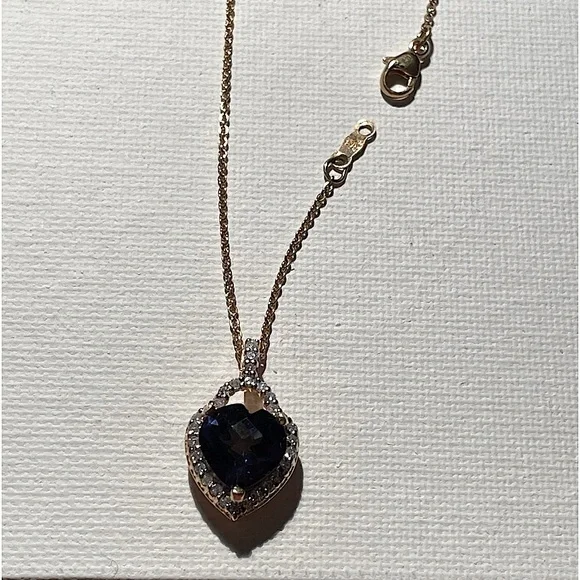 Sapphire Blue Topaz Heart Pendant 4 Carat Diamonds 18K Yellow Gold Vermeil